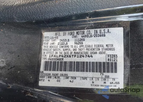 1996 Ford Mustang Gt из США, поврежденный, VIN 1FALP42X6TF124744